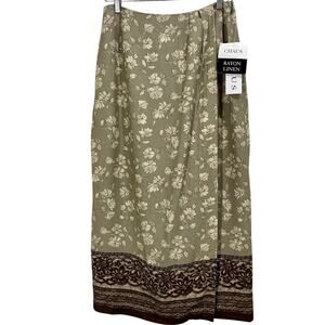 Vintage 90s CHAUS Faux-Wrap Fall Floral Midi Skirt Size 10 Green Brown Boho
